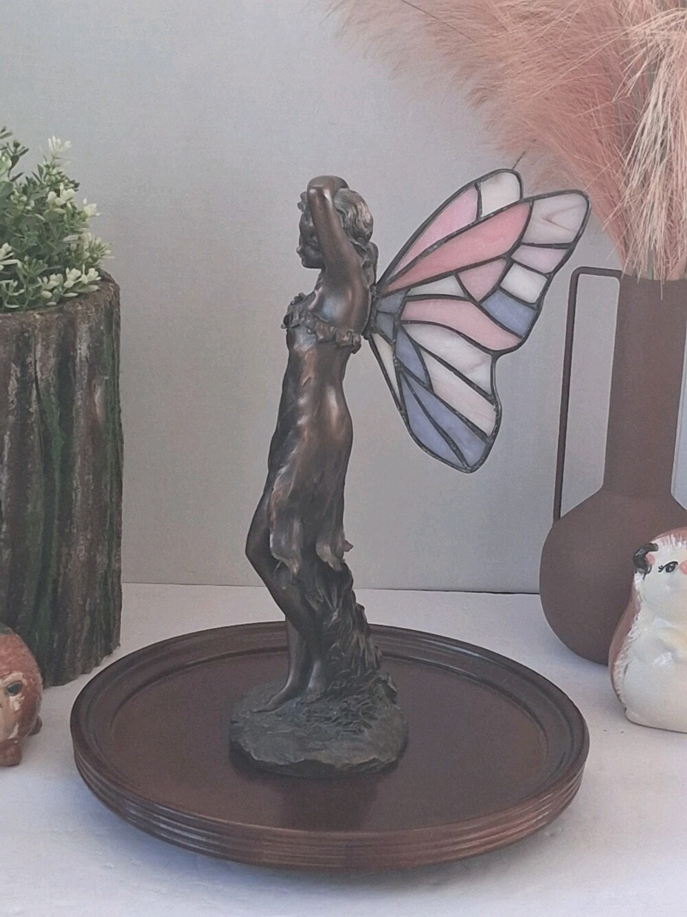 Dale Chung Tiffany Style Fairy Sculpture; Pastel Color Stained Glass Wings; MINT